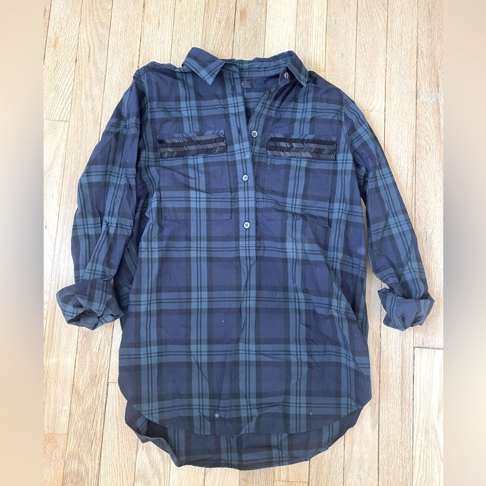 J.Crew plaid long sleeve button down tunic with beading.